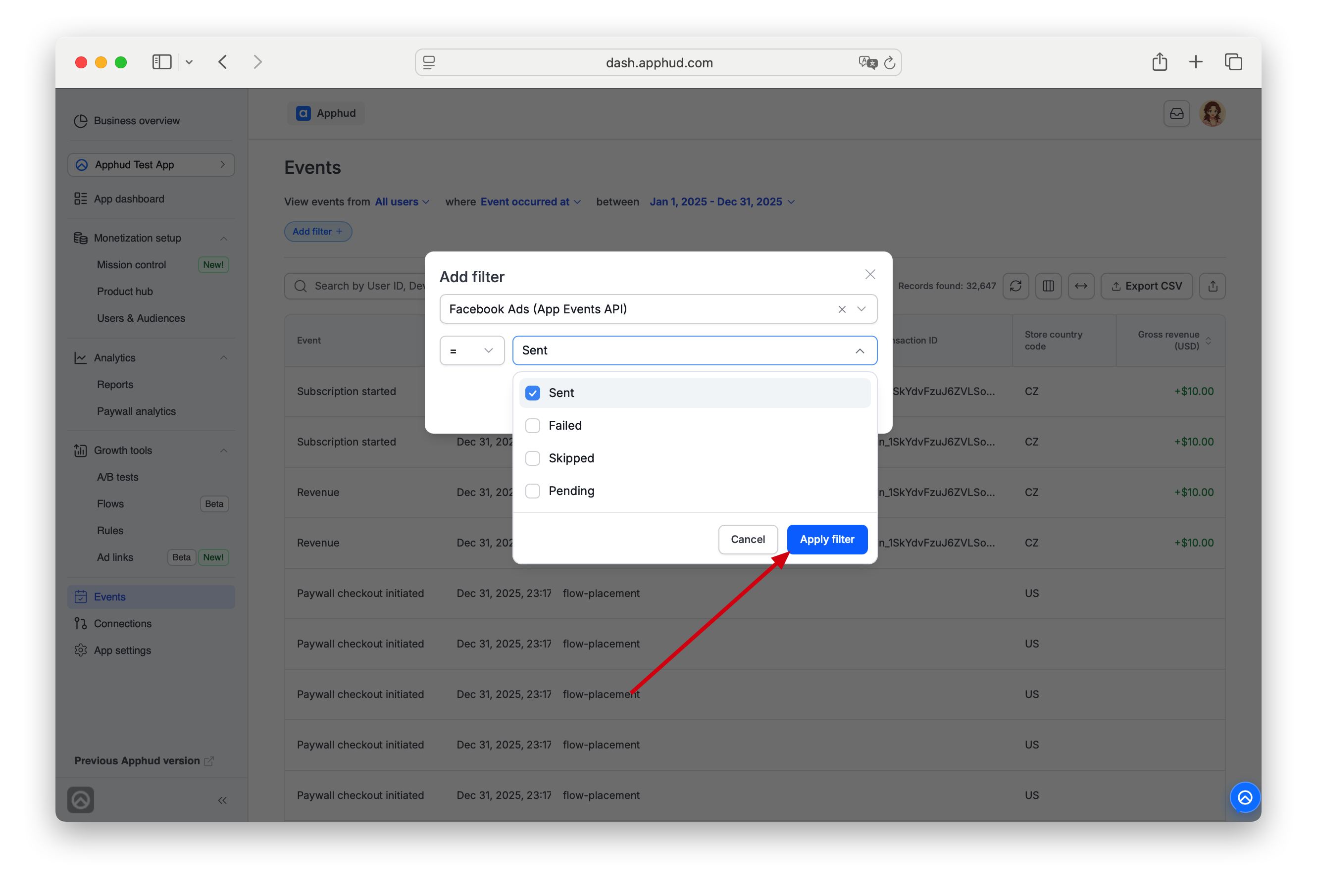 FBEvents.png Meta (App Events API) - Check Sent Events by applying Connections Filter