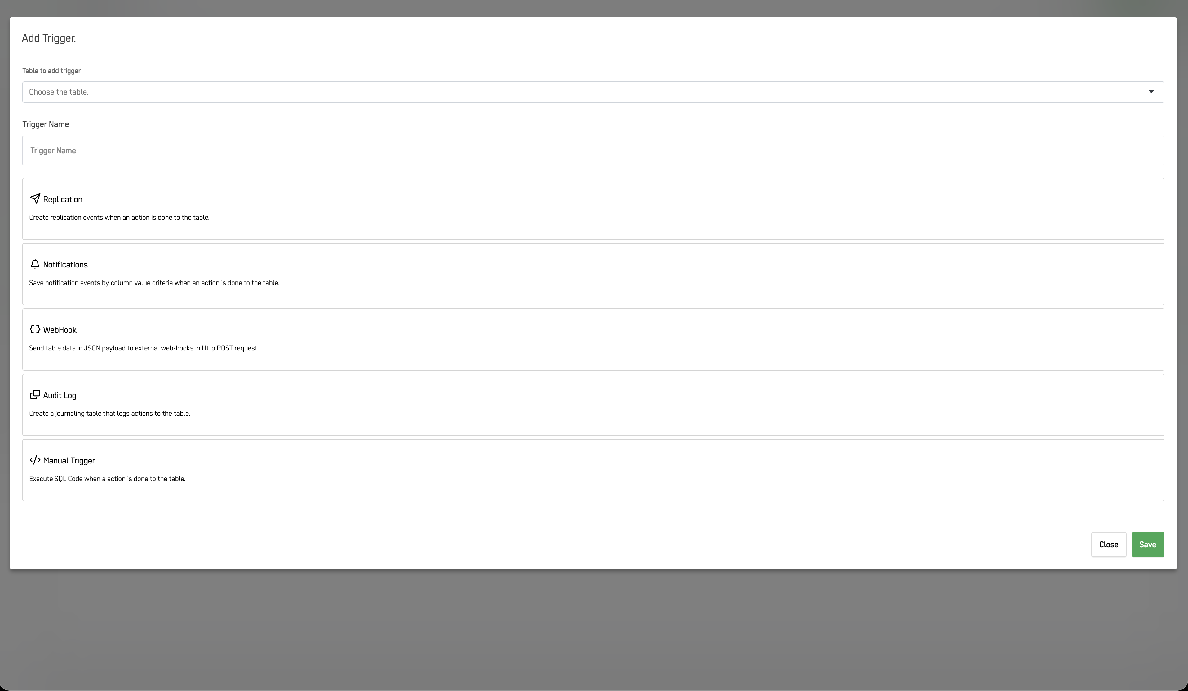Step 3: Add Trigger form with table, name, and trigger type fields