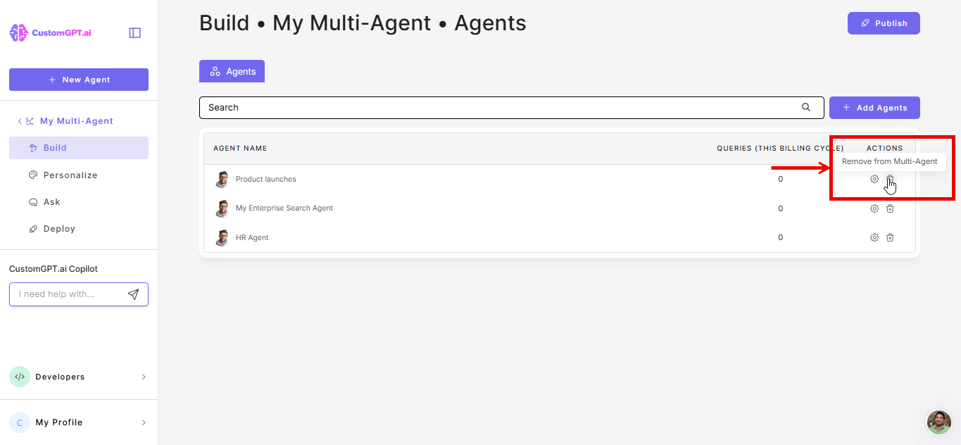 Bin icon on the build multi-agent page