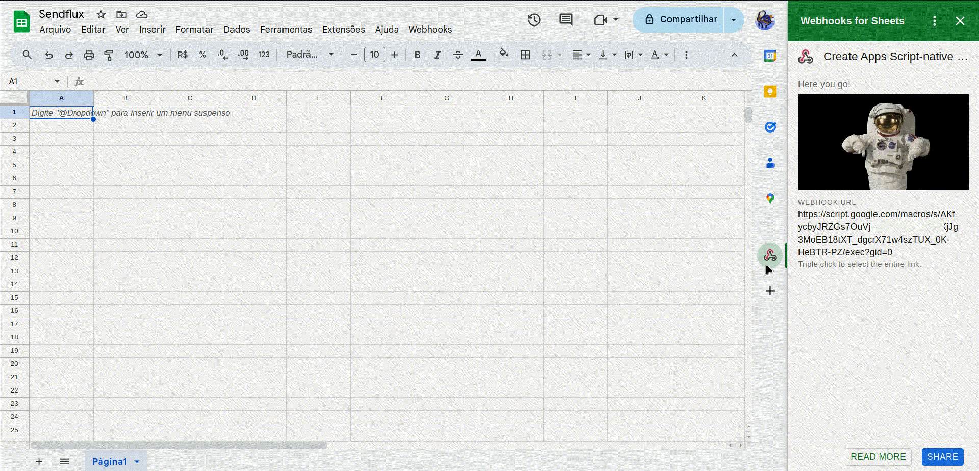 Nesse gif, configuramos o disparo com Bloco de Webhook do SendFlux para a url gerada com a extensão.
