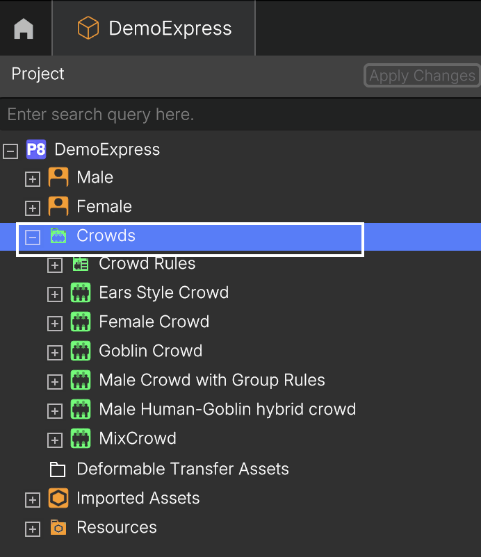 Locating the Crowds section on the Project tab.