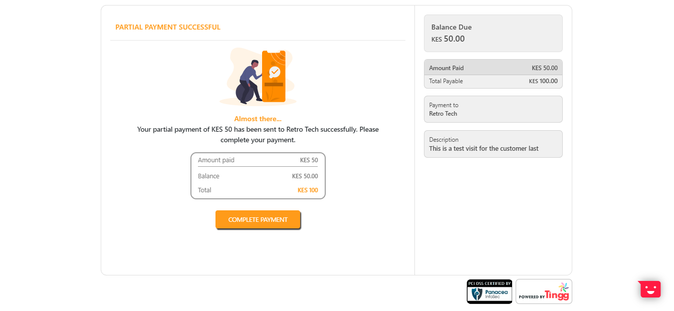 Partial payment success page