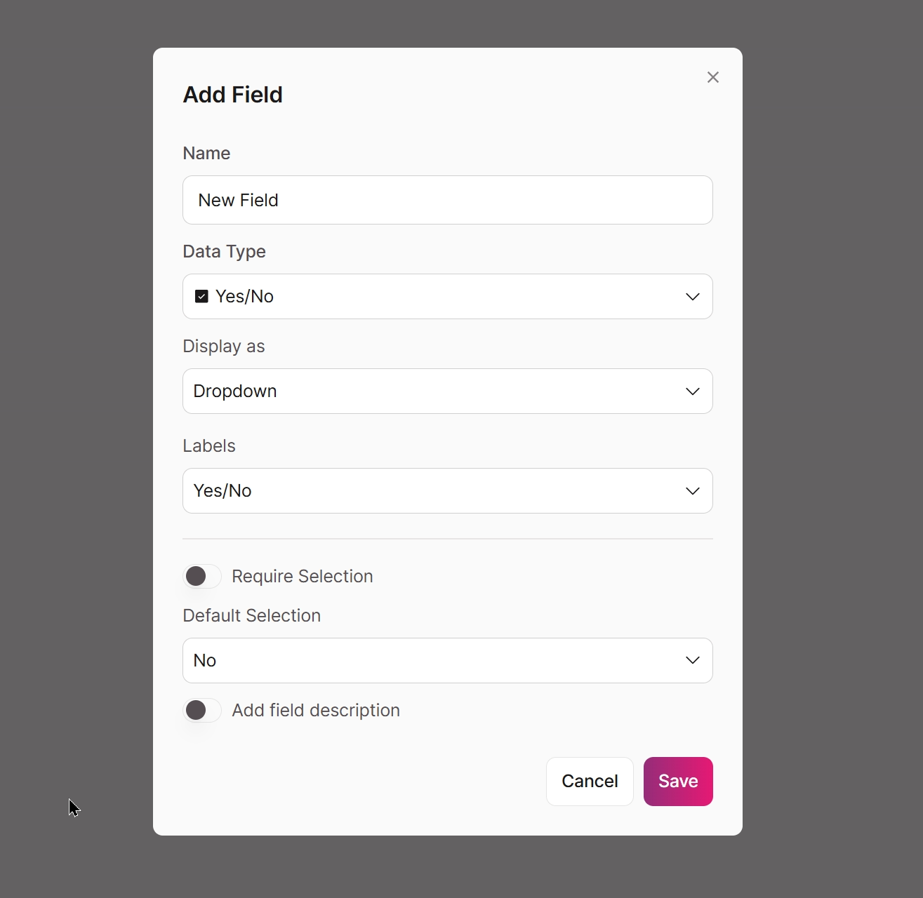 Boolean field settings