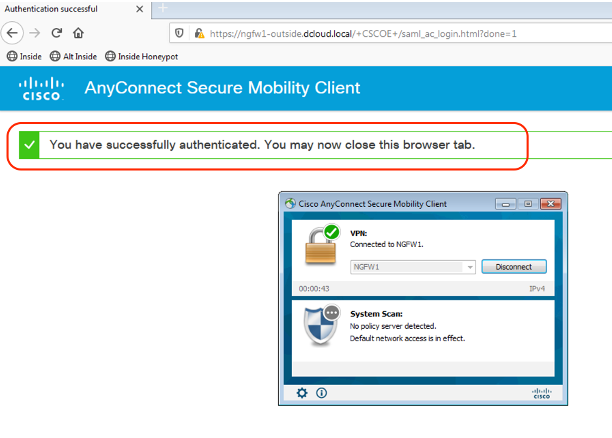 Figure 22: Successful authentication of remote access VPN via AnyConnect client.