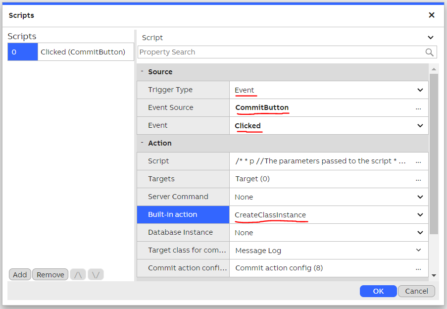 Commit action configuration for a dashboard