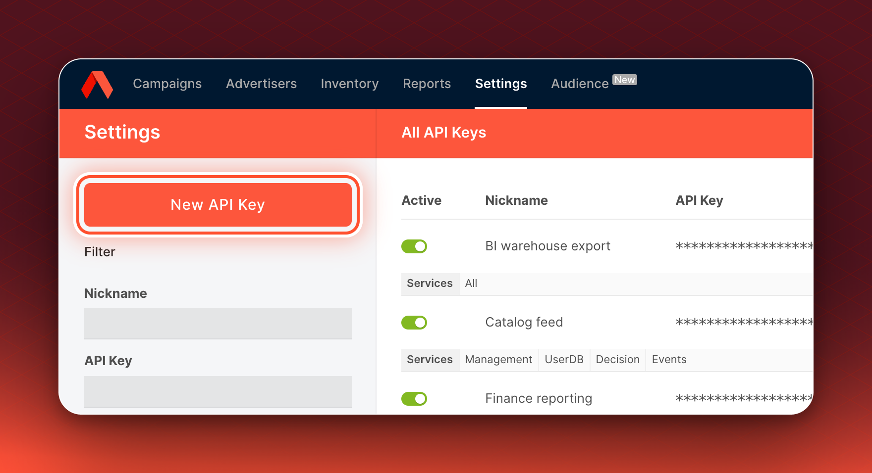 The API Keys page with the New API Key button ringed in red, at the top of the left panel.