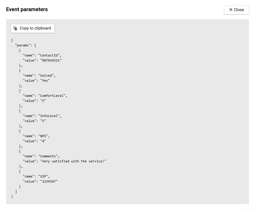 Event parameters for the users' response