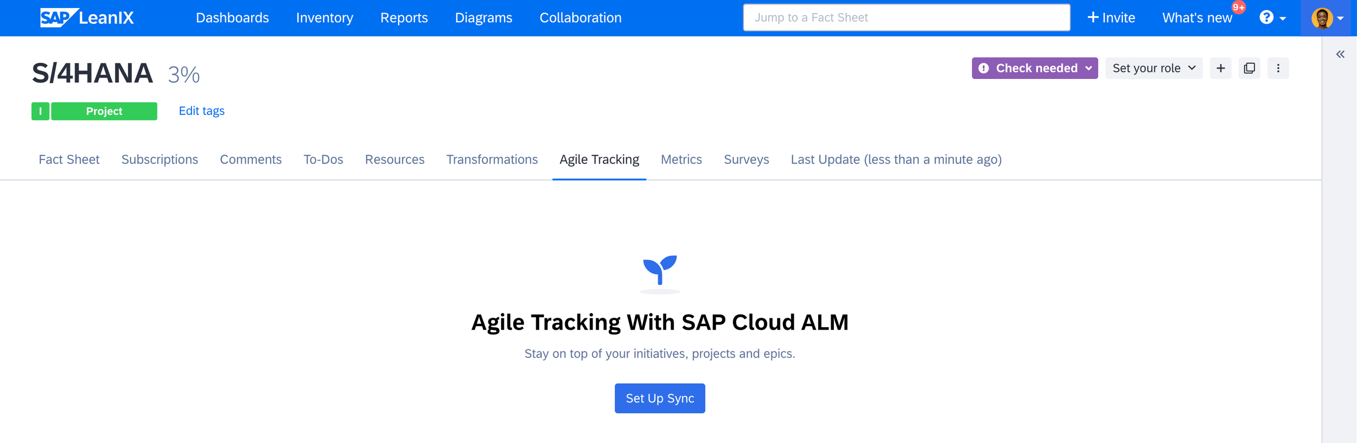 Syncing Initiatives and Projects in the Agile Tracking Tab of the Fact Sheet