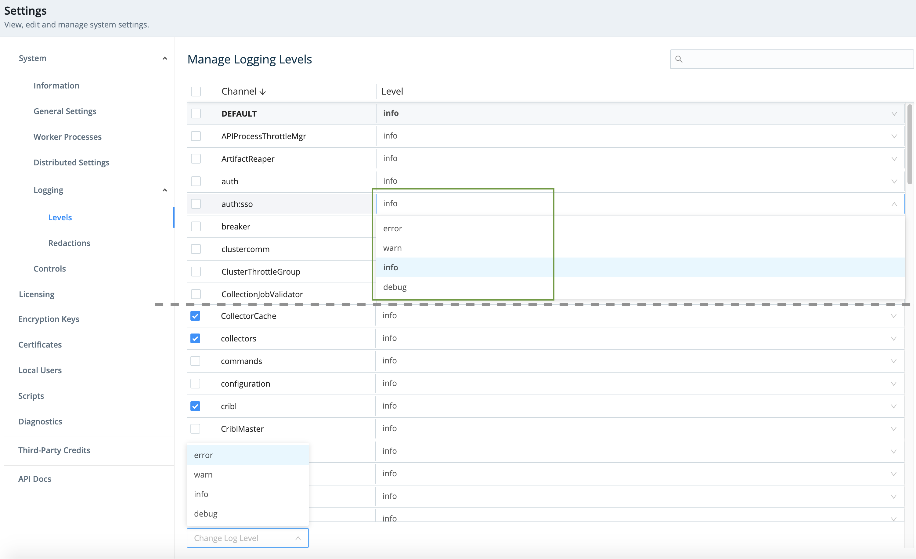 log-levels-composite.png Manage Logging Levels page