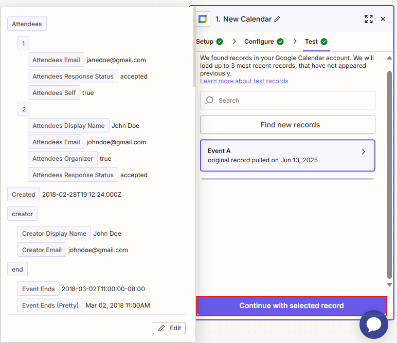 Screenshot of the Continue with selected record option