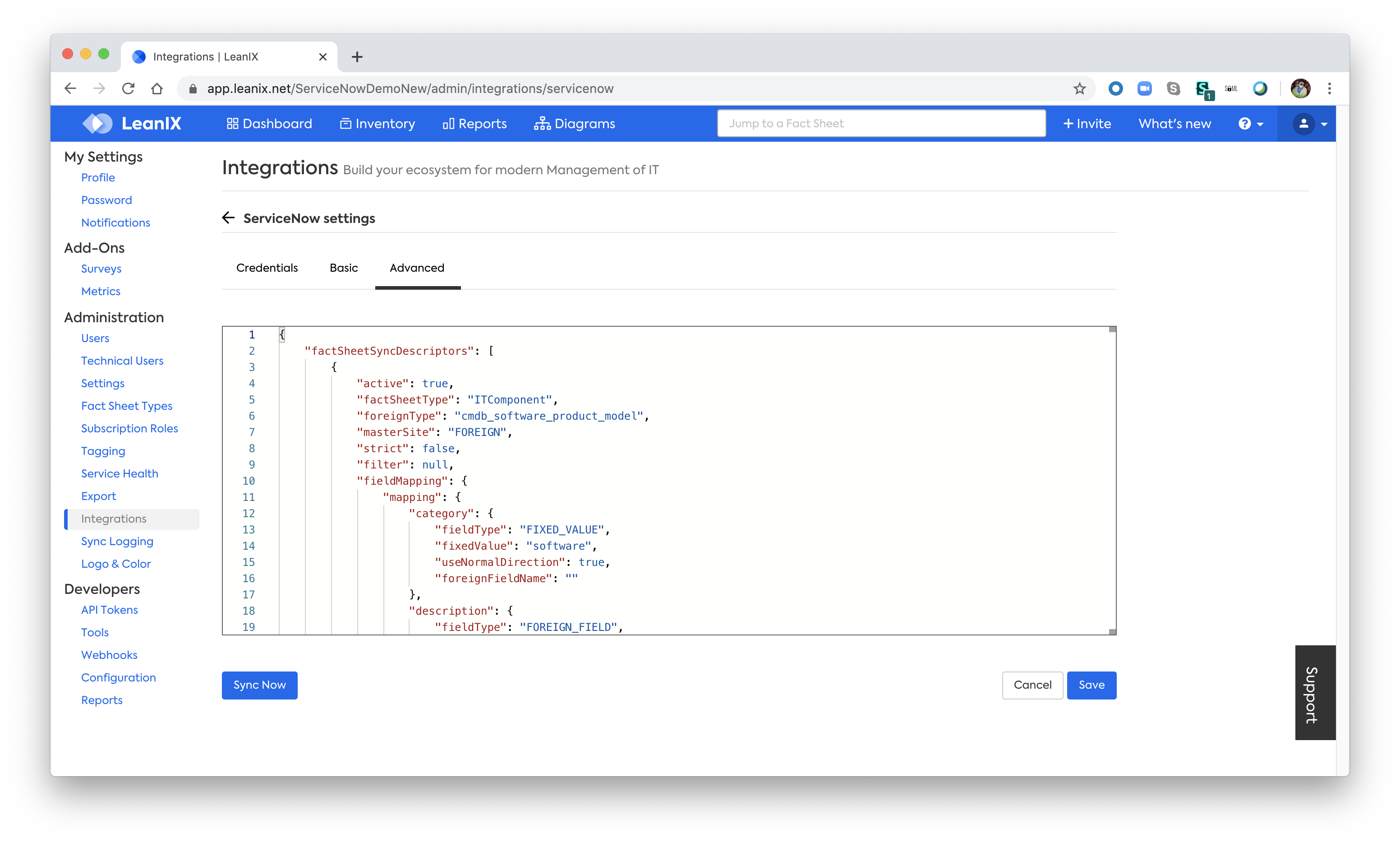 Screenshot 2020-03-04 at 14.54.45.png LeanIX ServiceNow integration, Advanced page showing the configuration in a json format