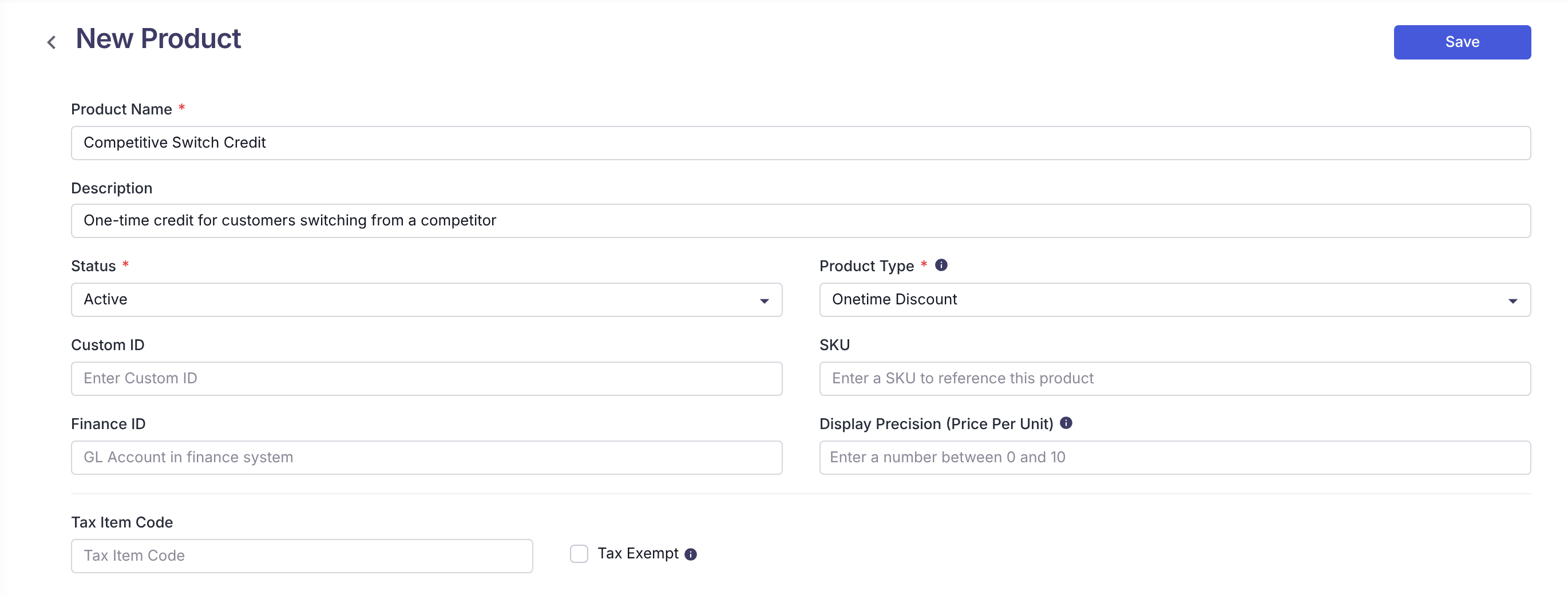 The New Product form with Product Name "Competitive Switch Credit" and Product Type set to Onetime Discount.