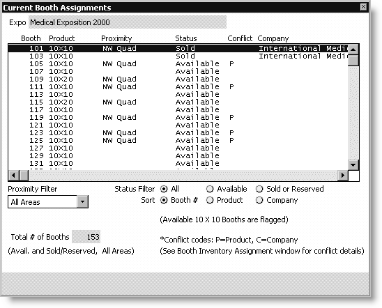 From Exposition, select Process booth orders, open an order, click Booth Inventory, and click View Assignments