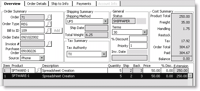 Example of a partially shippable order with full payment before invoicing
