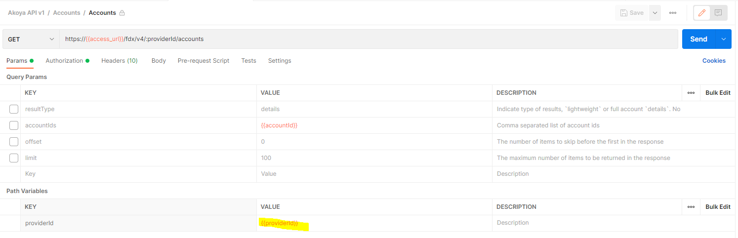 Postman screen - Accounts endpoint