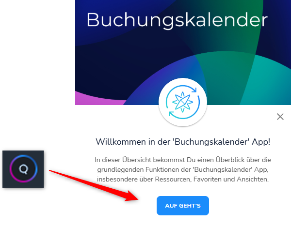 Start eines Übersichtsguides innerhalb der Buchungskalender App
