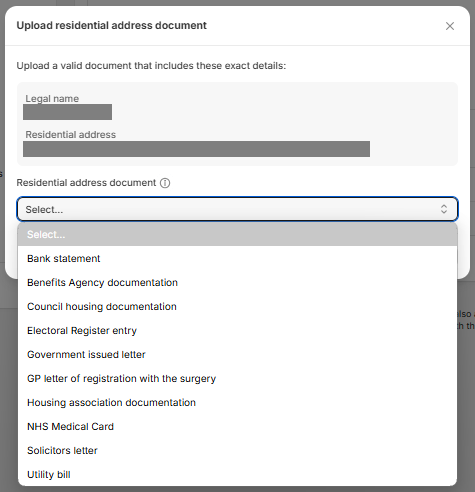 Select the document type from the **Residential address document** dropdown list