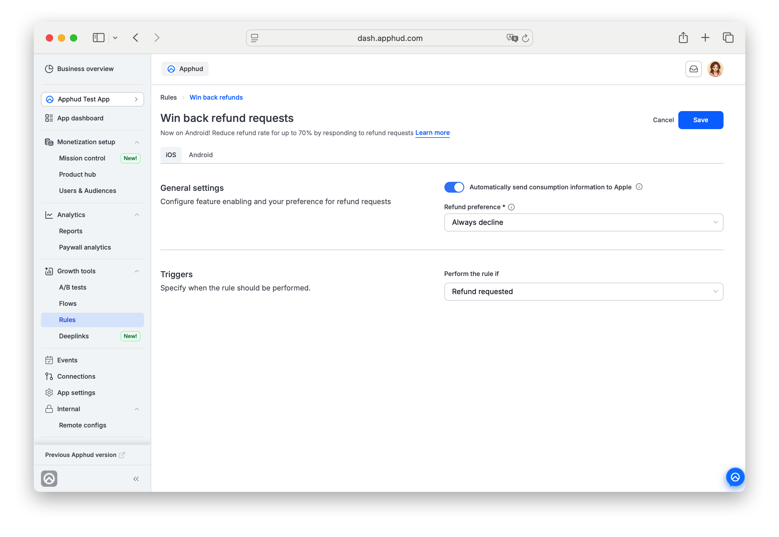 Apphud - Win Back Refunds settings tab