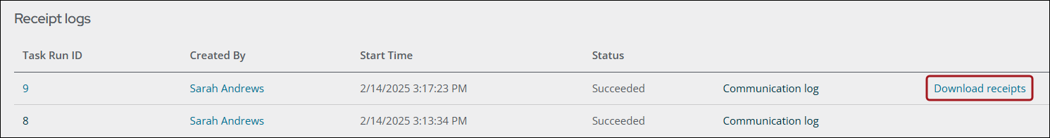 Receipt log with box around "Download receipts" link