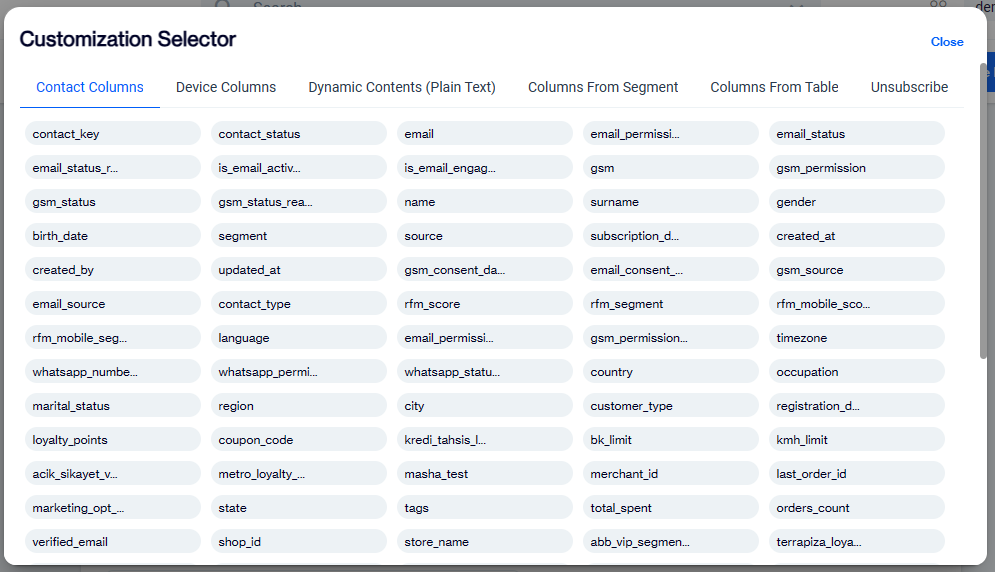 Columns in master_contact table. You can customize columns from other data objects