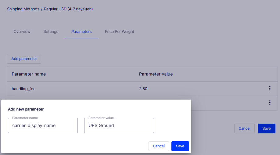 Parameters tab showing the Add new parameter dialog with Parameter name and Parameter value fields