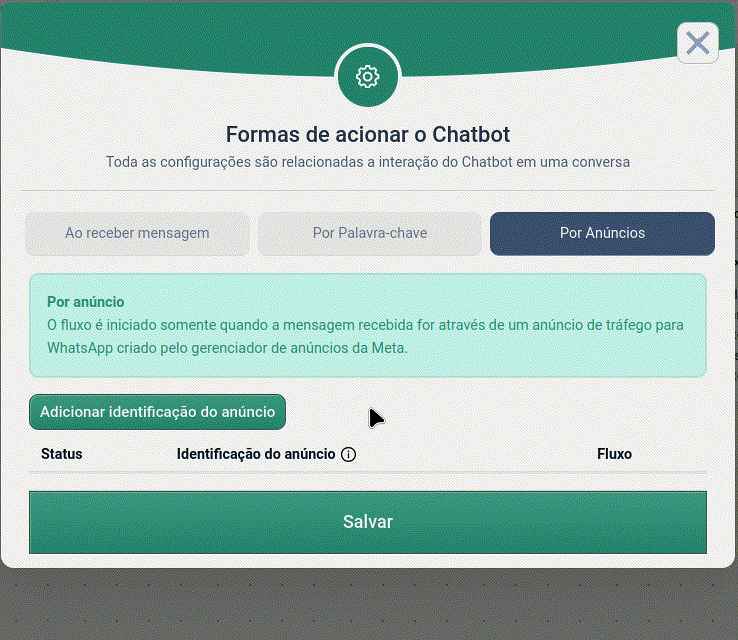 No exemplo acima, o bot irá acionar o fluxo "Super Fluxo" quando a mensagem recebida for através de um anúncio com a identificação 2151321541354320354.