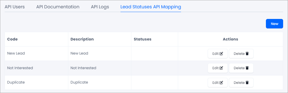 Screenshot of Lead Statuses API Mapping tab