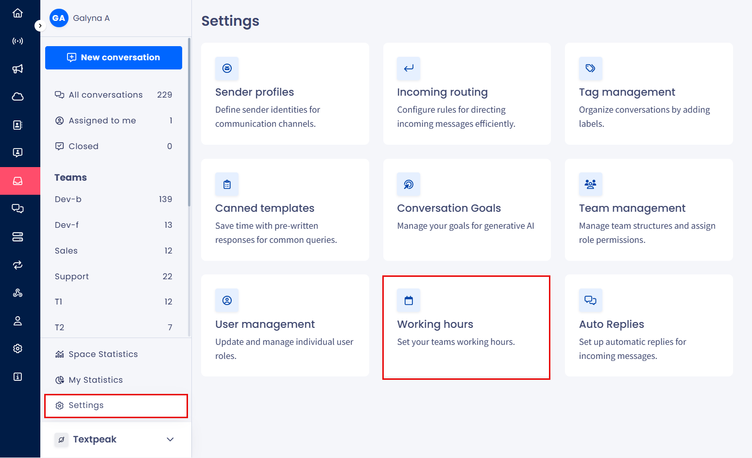 Screenshot of the Inbox Settings Working hours tab