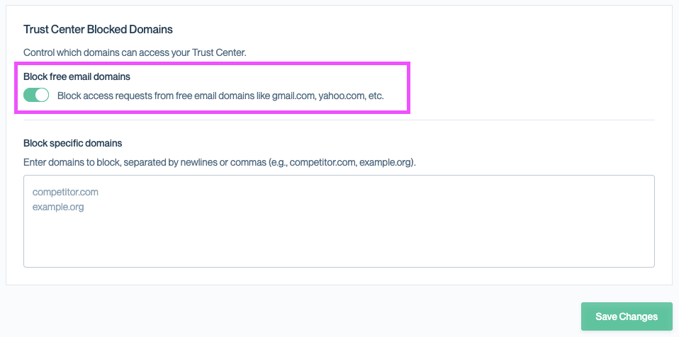 Trust Center Blocked Domains settings showing the Block free email domains toggle enabled.