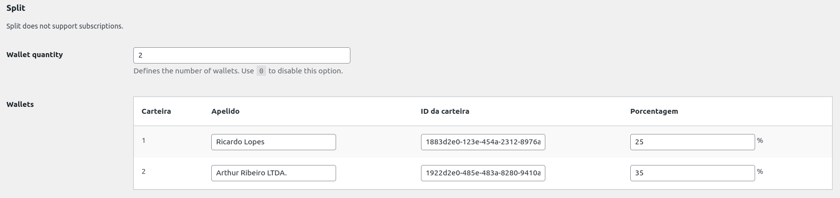 Tela com os splits já configurados