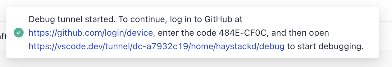 The debug message with github link and code and a vscode link.