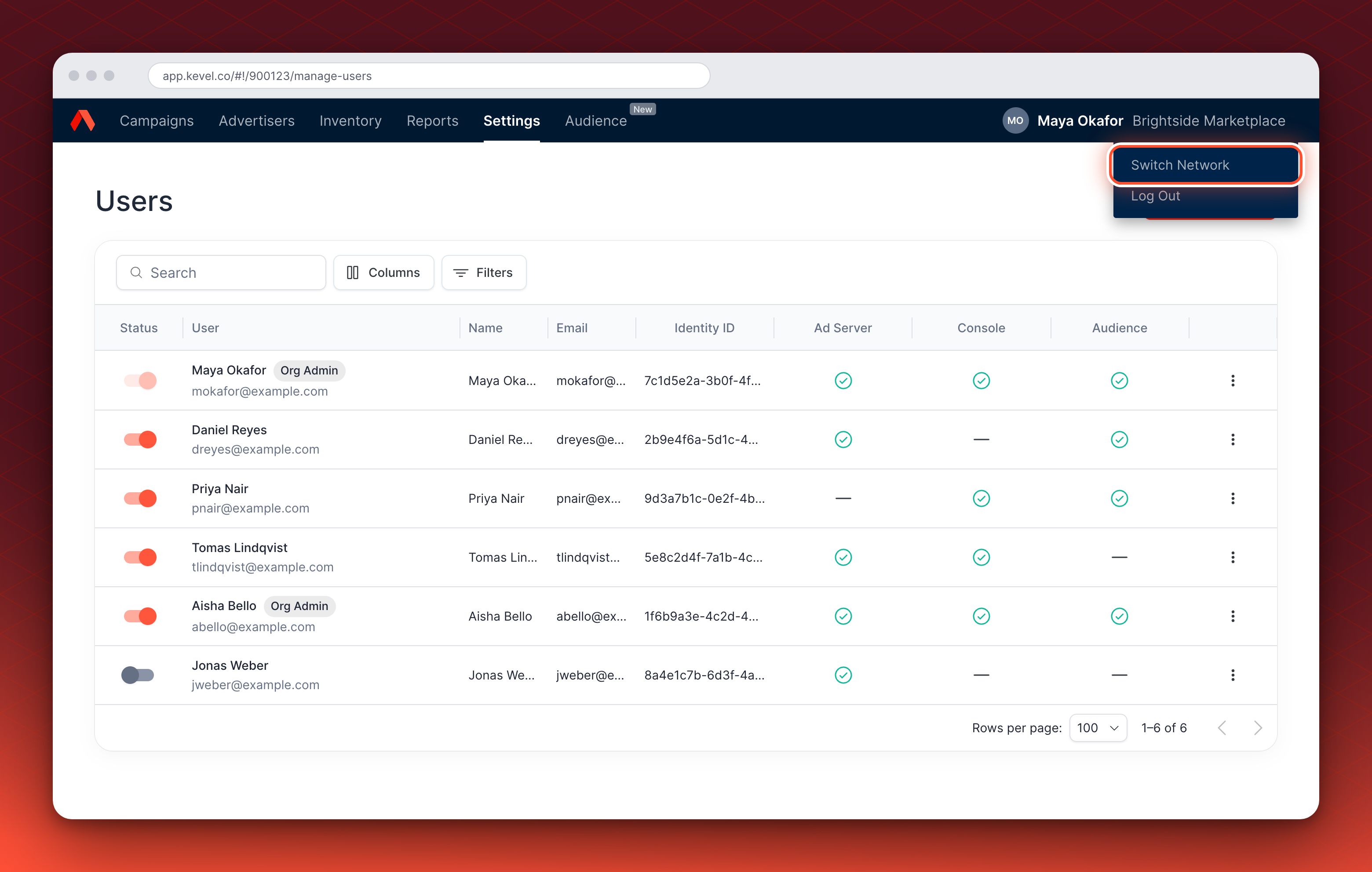 The user menu open in the upper right of the Ad Server UI, with the Switch Network item circled above Log Out.