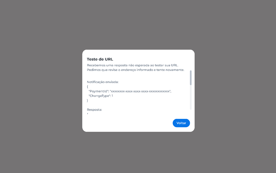 Janela de teste de URL exibindo mensagem de erro: resposta inesperada ao testar a URL, com exemplo de notificação enviada e botão 'Voltar'.