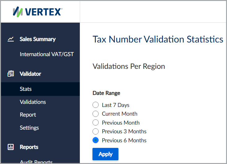 The Tax Number Validation Statistics feature.