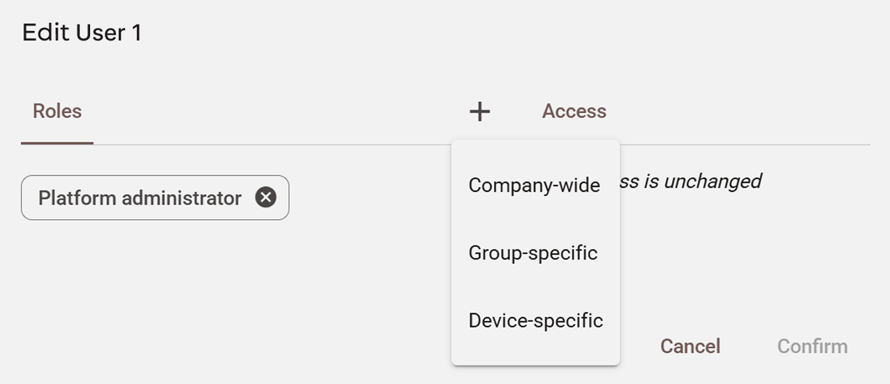 In **Admin > User management > Users**, when selecting "Edit user" (or "Invite User") and then on the "+" button, we will see that we can assign three types of roles to a user. In all three cases you will have to select a role, but in the case of group-specific and device-specific roles you will also have to add a **group** and a **device** respectively.