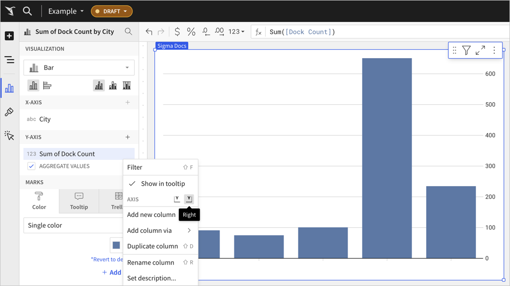 Column menu open for y-axis column, Sum of Dock Count, with an option to select an axis. The axis options have "Left" and "Right" alt text.