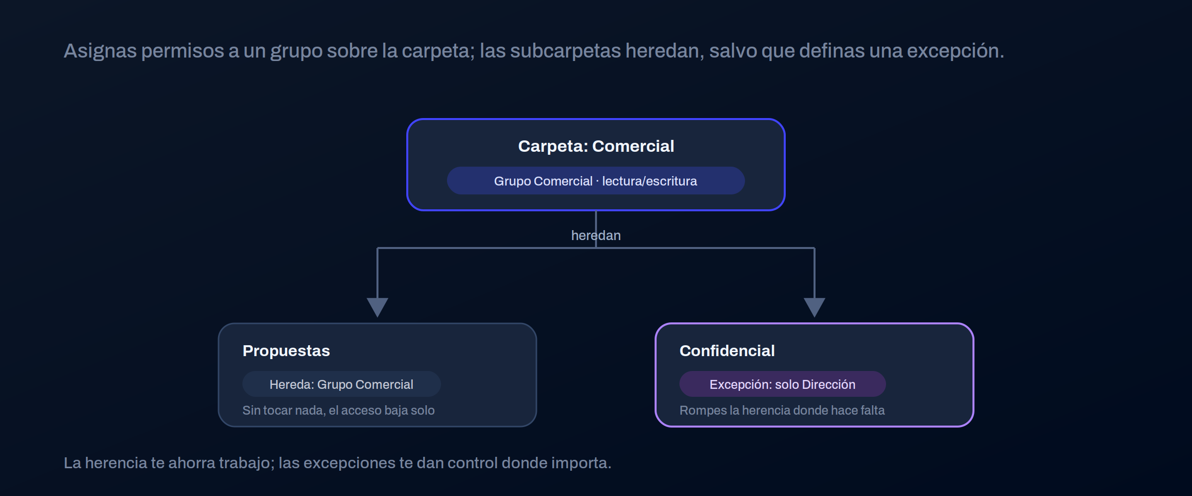 Un grupo con acceso a una carpeta: las subcarpetas heredan el permiso, salvo una excepción definida en una de ellas