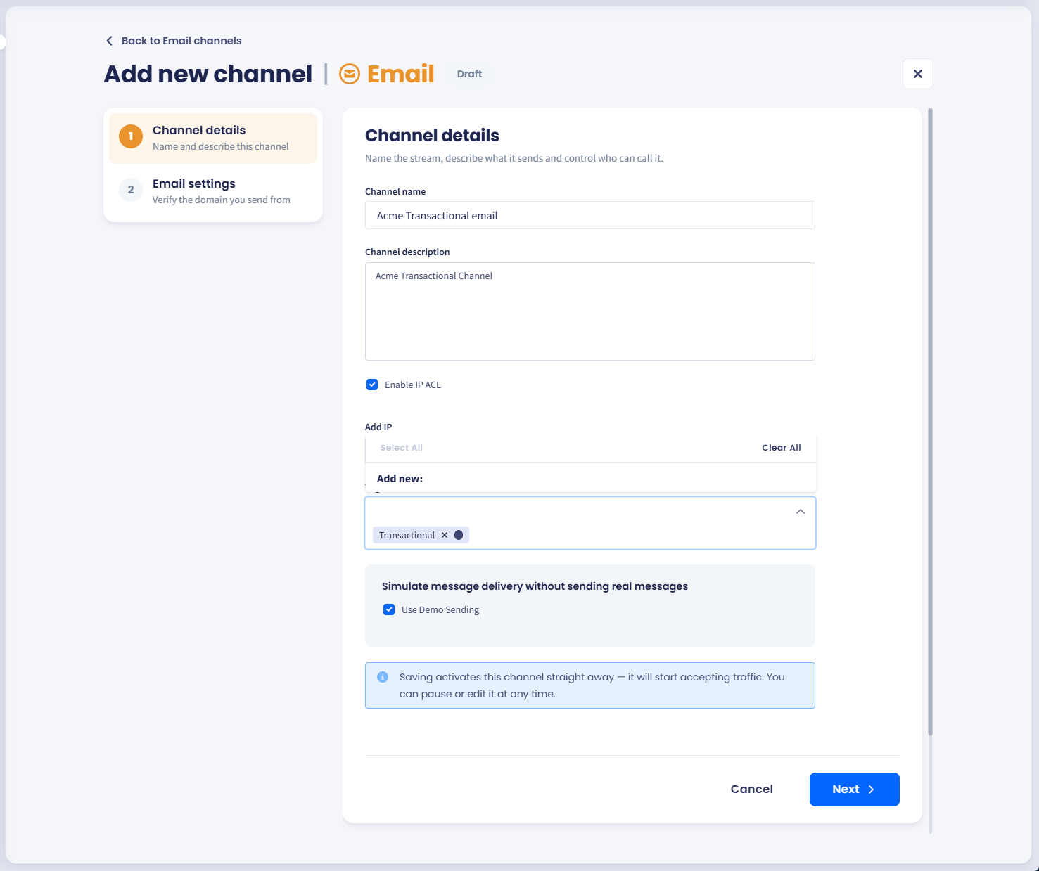 Screenshot of the Channel details section showing the channel name and description and the optios to enable IP ACL and add tags