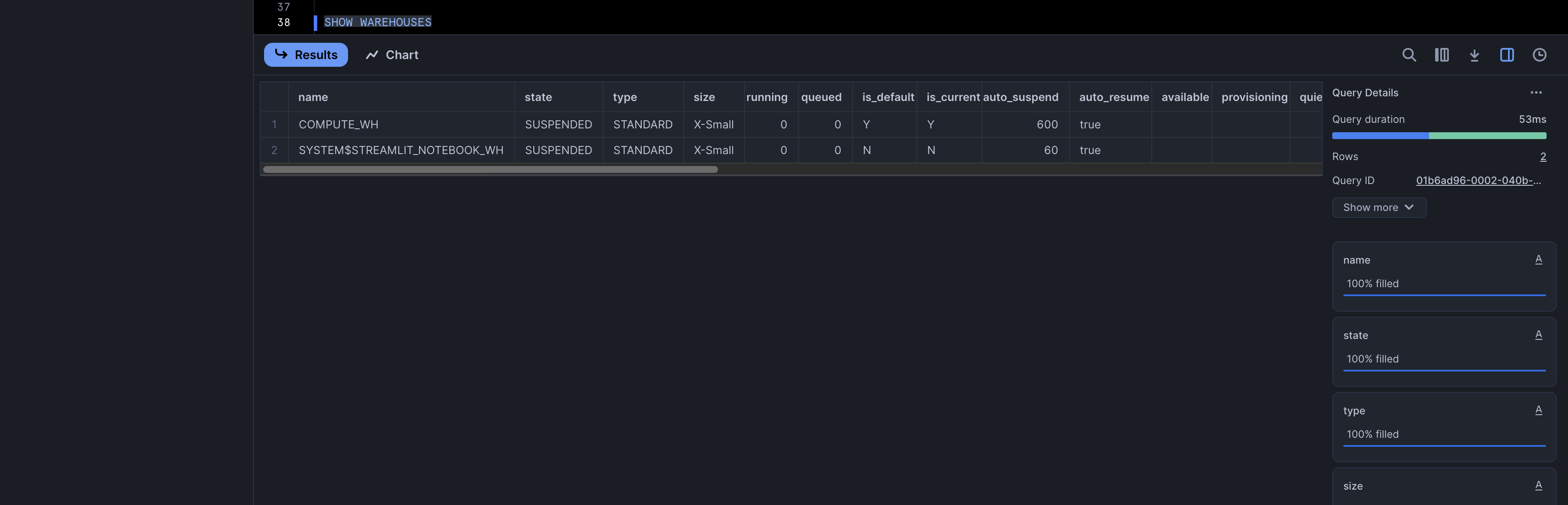 Fig. 6 - Results from `SHOW WAREHOUSES` query in Snowflake Worksheet