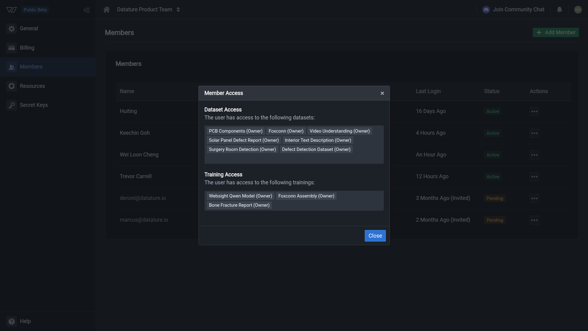 The Member Access dialog showing a list of datasets with assigned roles under Dataset Access and a list of training projects with assigned roles under Training Access