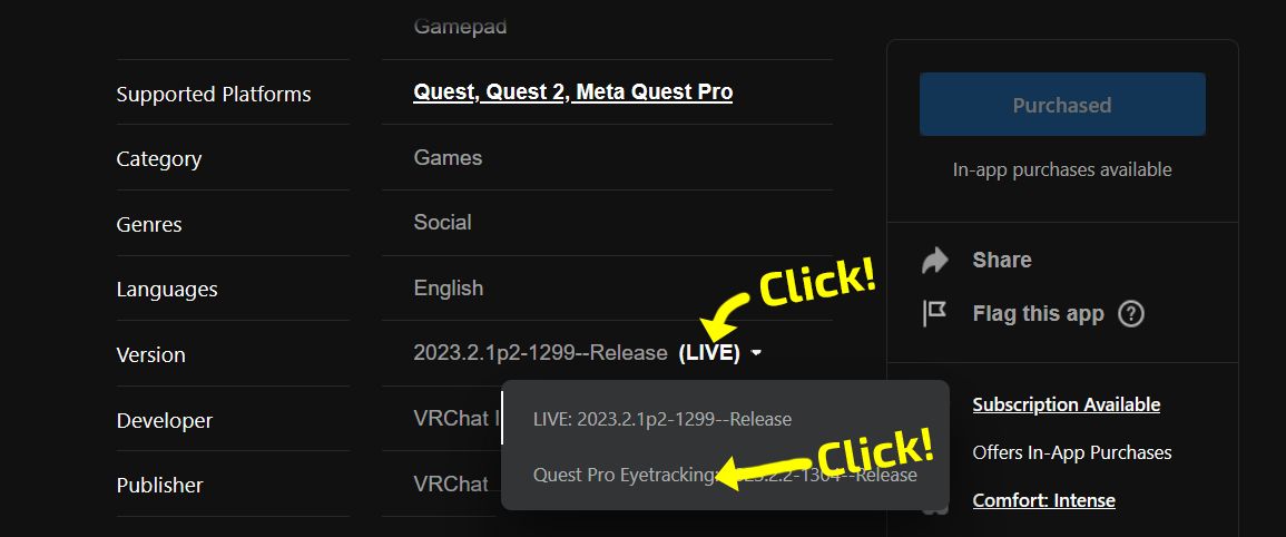 Click on the text to the right of "Version" and select "Quest Pro Eyetracking" from the drop-down.