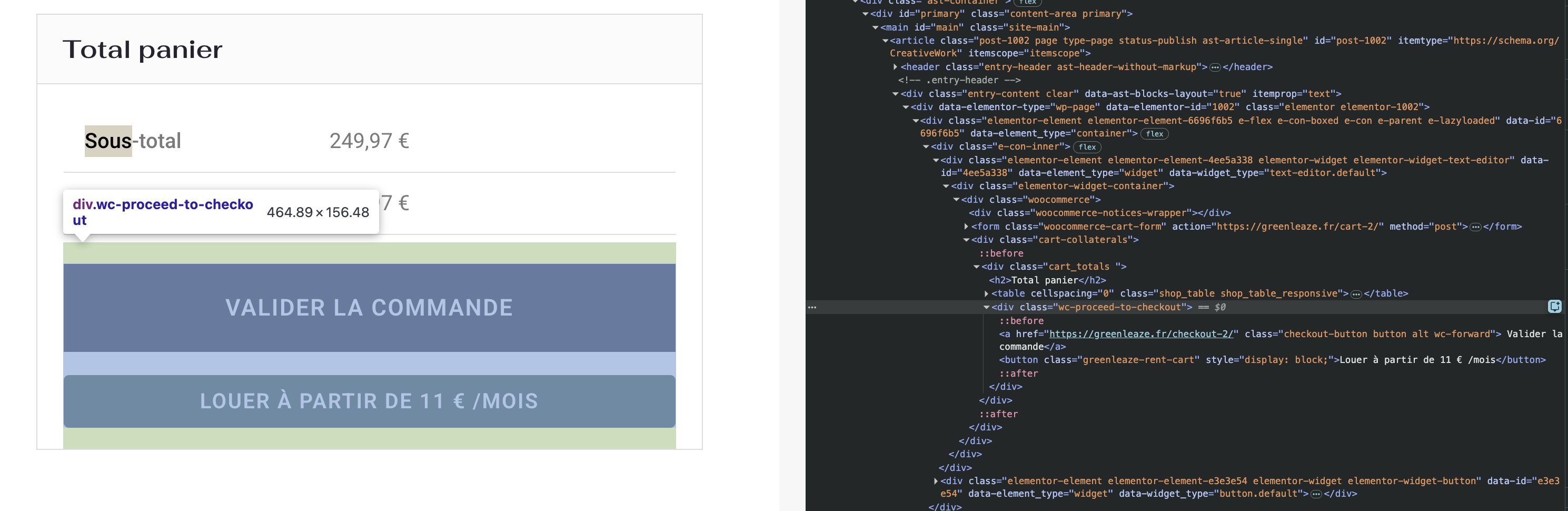 Example of GreenLeaze button injected in WooCommerce cart page