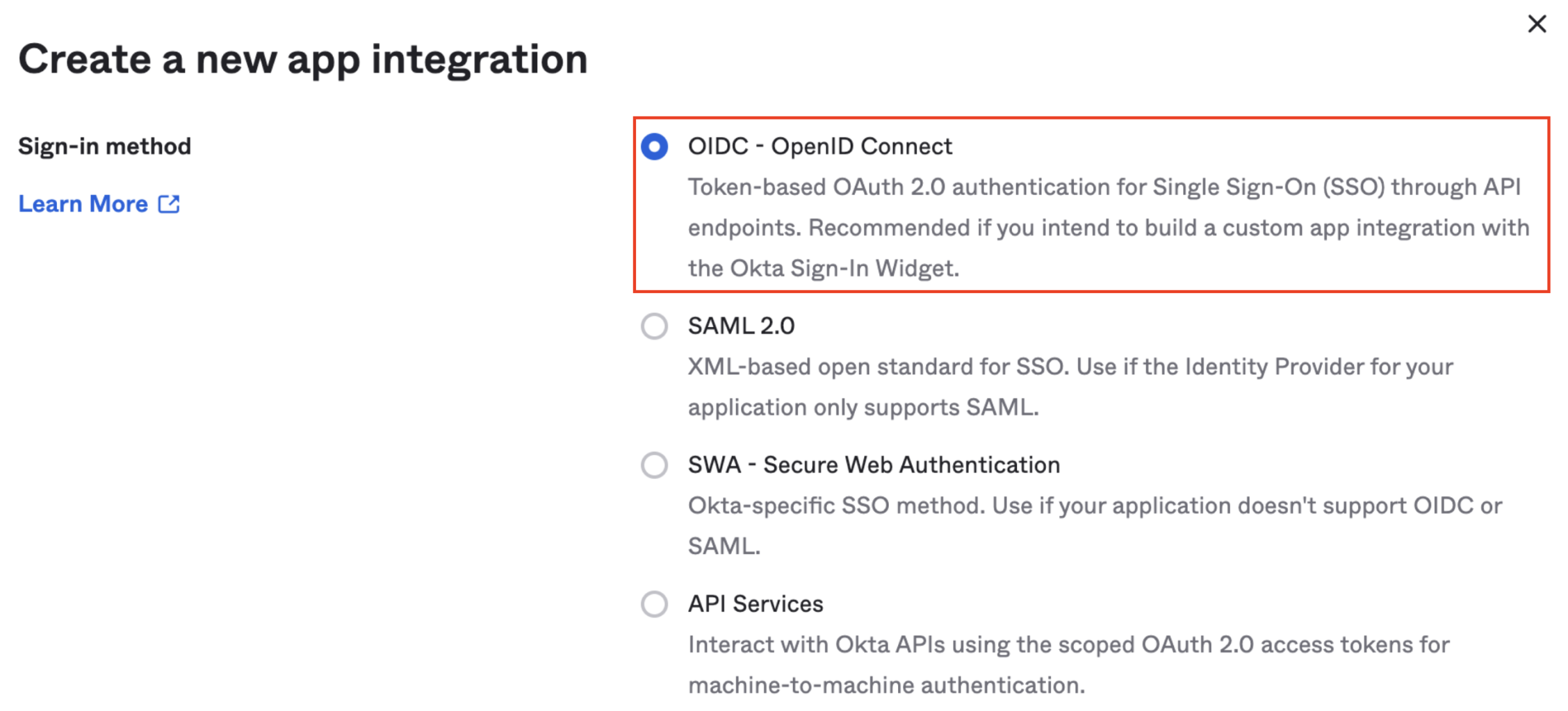 Application should be defined with as OIDC - OpenID Connect as Sign-in method