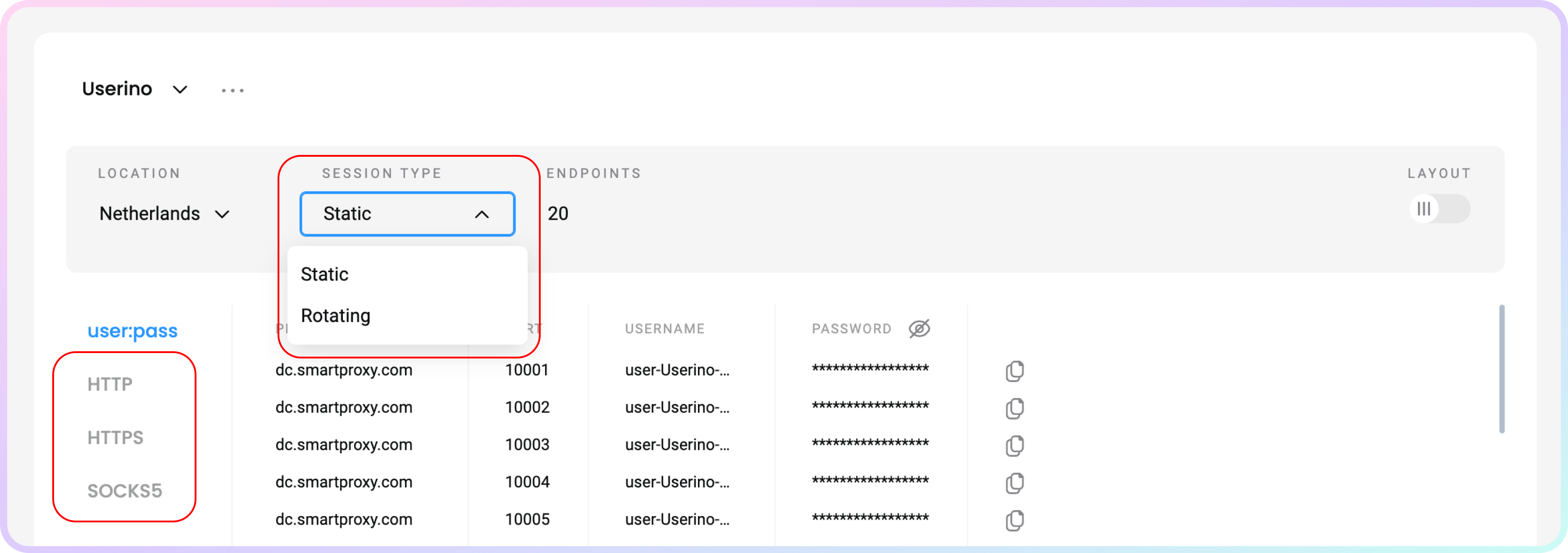 Session type and Protocol selection.