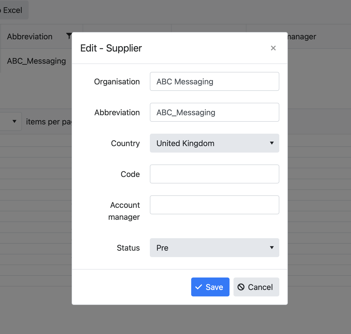 Supplier details dialog