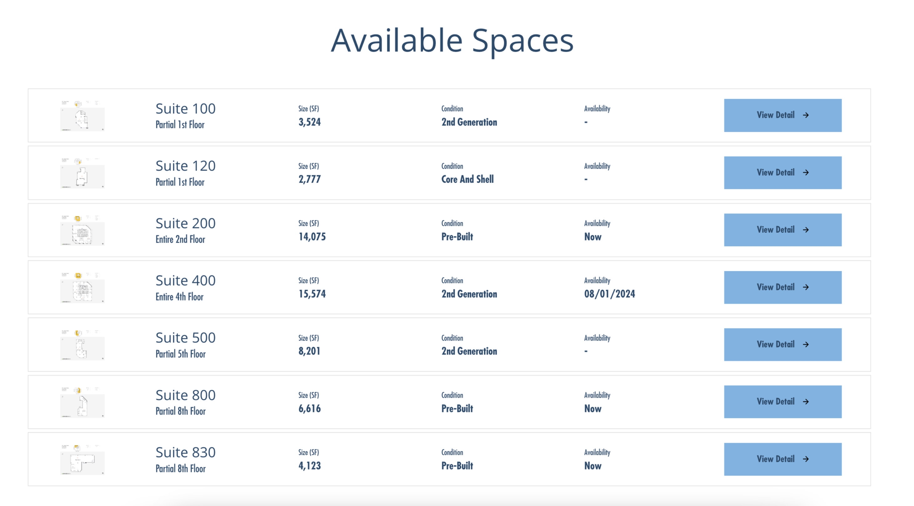 example availabilities list for a specific building