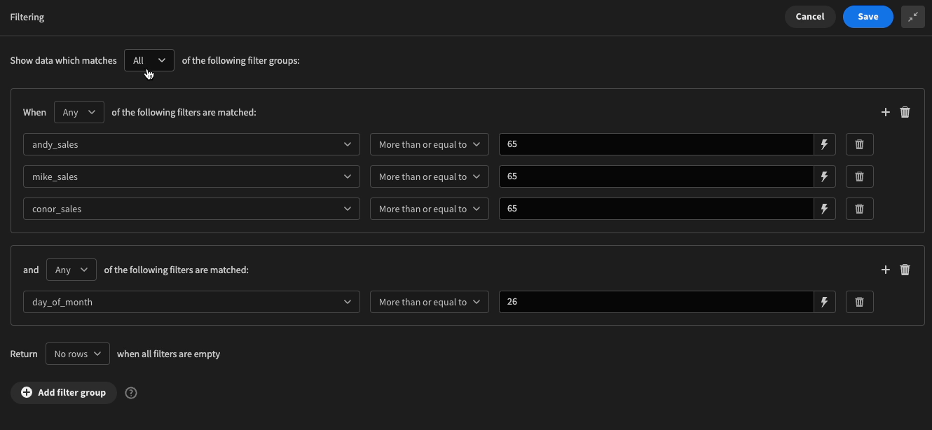 Notice the change in the second filter group from And to Or