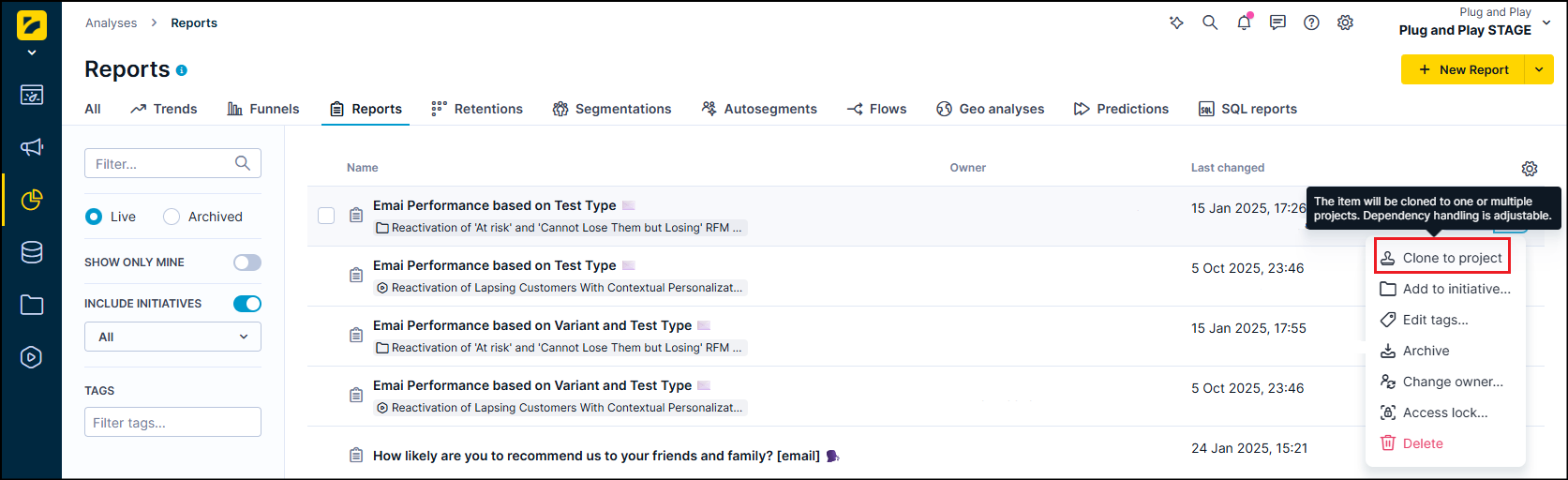 Bloomreach interface showing the Clone to another project option.
