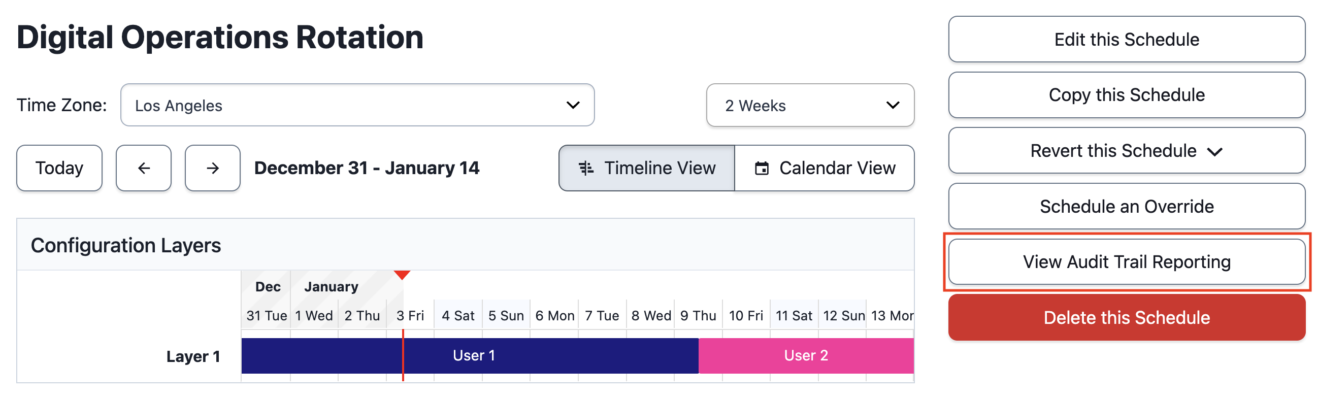 A screenshot of the PagerDuty web app showing how to View Schedule Audit Trail Reporting