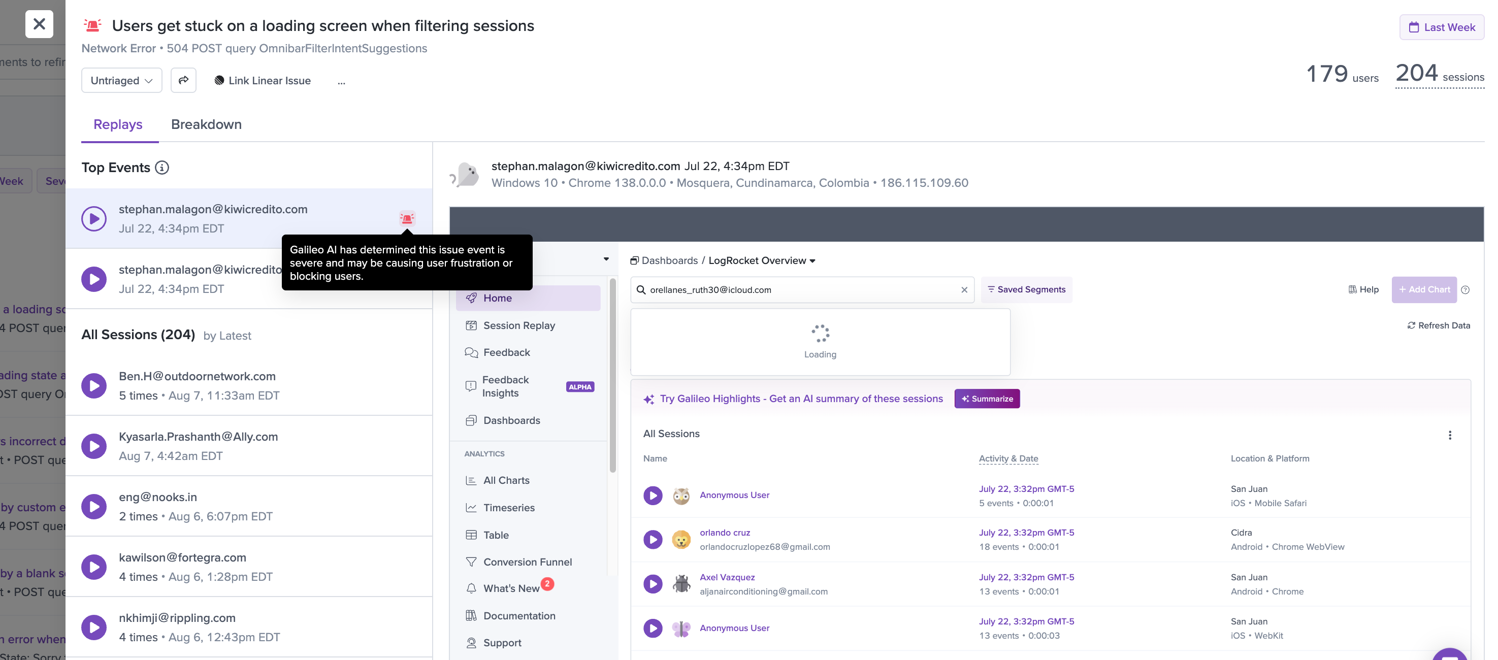 Event list in Issue Detail View with event severity scores